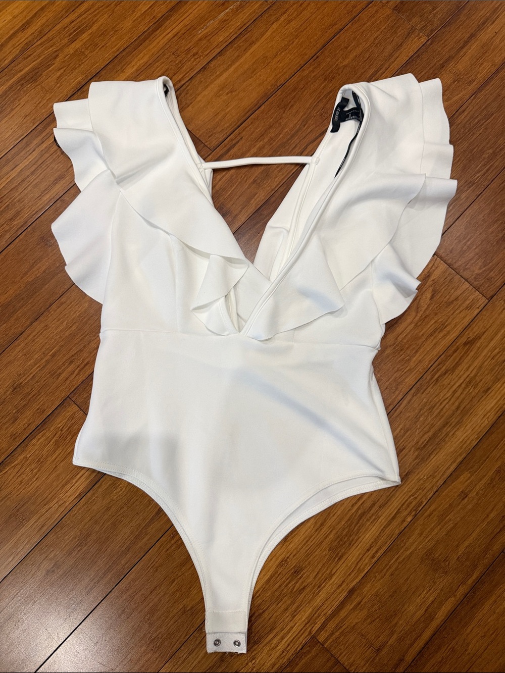 Forever 21 White Ruffle-Shoulder Bodysuit with V-Neck
